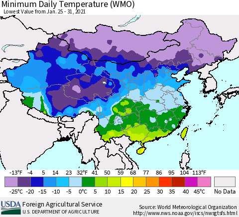 China, Mongolia and Taiwan Minimum Daily Temperature (WMO) Thematic Map For 1/25/2021 - 1/31/2021