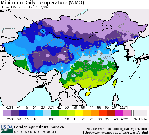 China, Mongolia and Taiwan Minimum Daily Temperature (WMO) Thematic Map For 2/1/2021 - 2/7/2021