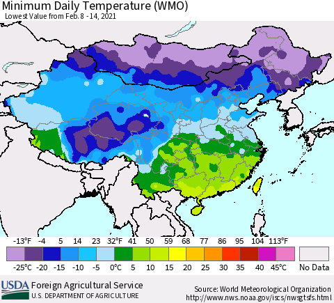 China, Mongolia and Taiwan Minimum Daily Temperature (WMO) Thematic Map For 2/8/2021 - 2/14/2021
