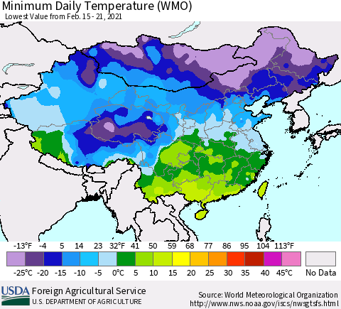 China, Mongolia and Taiwan Minimum Daily Temperature (WMO) Thematic Map For 2/15/2021 - 2/21/2021