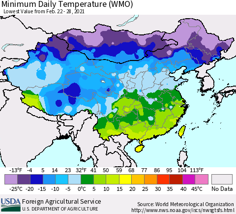 China, Mongolia and Taiwan Minimum Daily Temperature (WMO) Thematic Map For 2/22/2021 - 2/28/2021