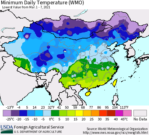 China, Mongolia and Taiwan Minimum Daily Temperature (WMO) Thematic Map For 3/1/2021 - 3/7/2021