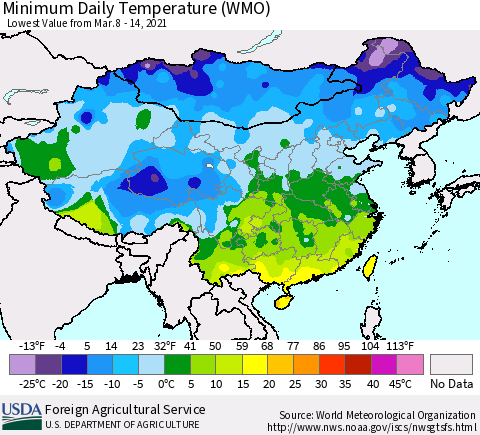China, Mongolia and Taiwan Minimum Daily Temperature (WMO) Thematic Map For 3/8/2021 - 3/14/2021