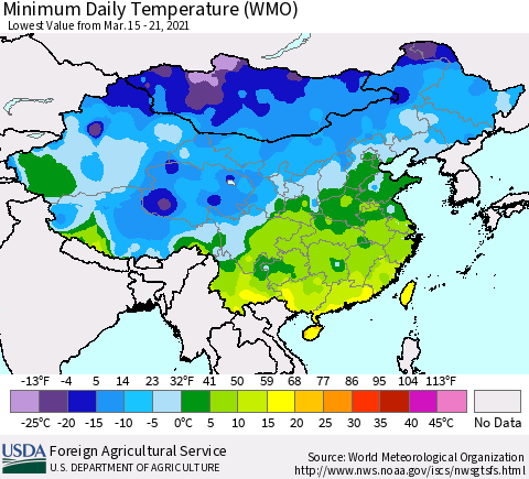 China, Mongolia and Taiwan Minimum Daily Temperature (WMO) Thematic Map For 3/15/2021 - 3/21/2021
