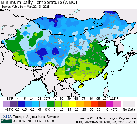 China, Mongolia and Taiwan Minimum Daily Temperature (WMO) Thematic Map For 3/22/2021 - 3/28/2021