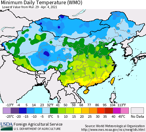 China, Mongolia and Taiwan Minimum Daily Temperature (WMO) Thematic Map For 3/29/2021 - 4/4/2021