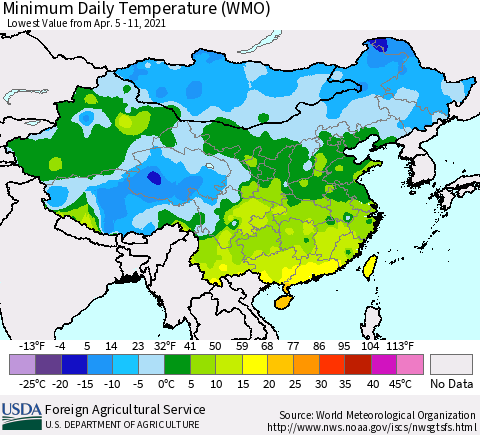 China, Mongolia and Taiwan Minimum Daily Temperature (WMO) Thematic Map For 4/5/2021 - 4/11/2021