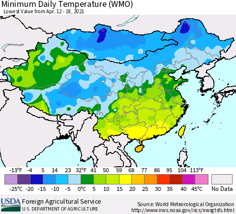 China, Mongolia and Taiwan Minimum Daily Temperature (WMO) Thematic Map For 4/12/2021 - 4/18/2021
