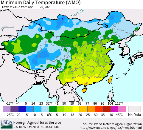 China, Mongolia and Taiwan Minimum Daily Temperature (WMO) Thematic Map For 4/19/2021 - 4/25/2021