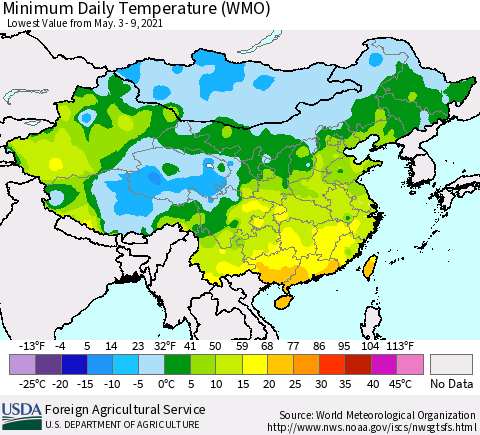 China, Mongolia and Taiwan Minimum Daily Temperature (WMO) Thematic Map For 5/3/2021 - 5/9/2021