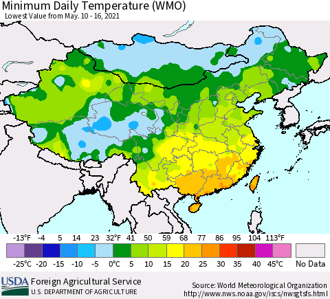 China, Mongolia and Taiwan Minimum Daily Temperature (WMO) Thematic Map For 5/10/2021 - 5/16/2021