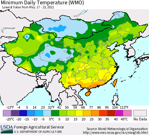 China, Mongolia and Taiwan Minimum Daily Temperature (WMO) Thematic Map For 5/17/2021 - 5/23/2021