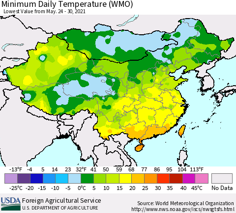 China, Mongolia and Taiwan Minimum Daily Temperature (WMO) Thematic Map For 5/24/2021 - 5/30/2021
