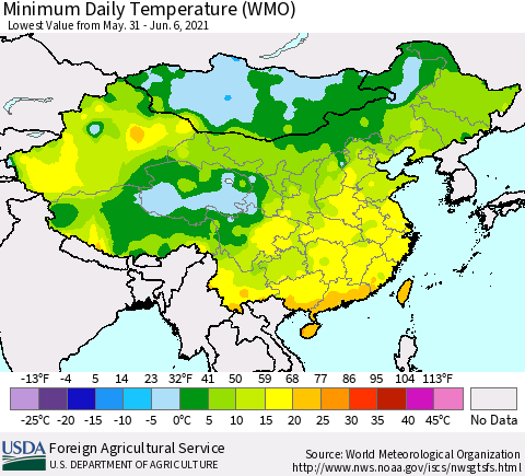 China, Mongolia and Taiwan Minimum Daily Temperature (WMO) Thematic Map For 5/31/2021 - 6/6/2021