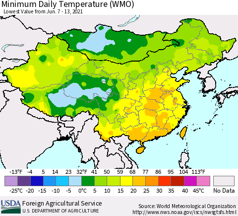 China, Mongolia and Taiwan Minimum Daily Temperature (WMO) Thematic Map For 6/7/2021 - 6/13/2021