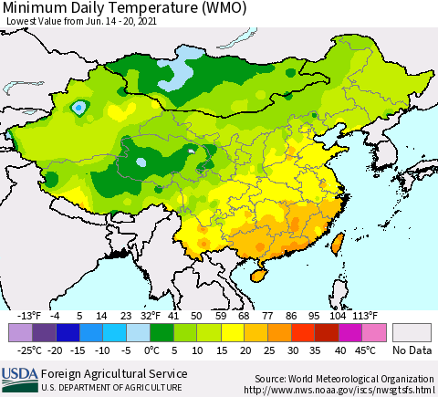 China, Mongolia and Taiwan Minimum Daily Temperature (WMO) Thematic Map For 6/14/2021 - 6/20/2021