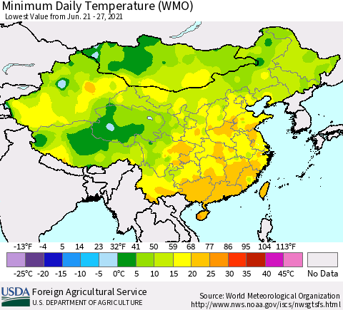 China, Mongolia and Taiwan Minimum Daily Temperature (WMO) Thematic Map For 6/21/2021 - 6/27/2021