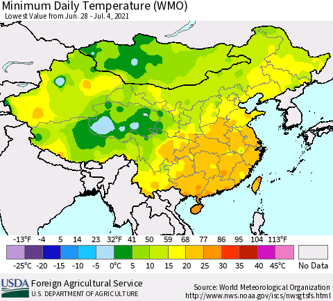 China, Mongolia and Taiwan Minimum Daily Temperature (WMO) Thematic Map For 6/28/2021 - 7/4/2021