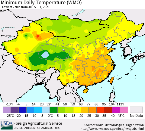 China, Mongolia and Taiwan Minimum Daily Temperature (WMO) Thematic Map For 7/5/2021 - 7/11/2021