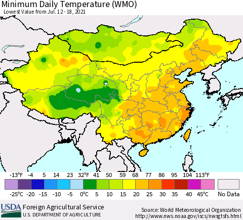 China, Mongolia and Taiwan Minimum Daily Temperature (WMO) Thematic Map For 7/12/2021 - 7/18/2021