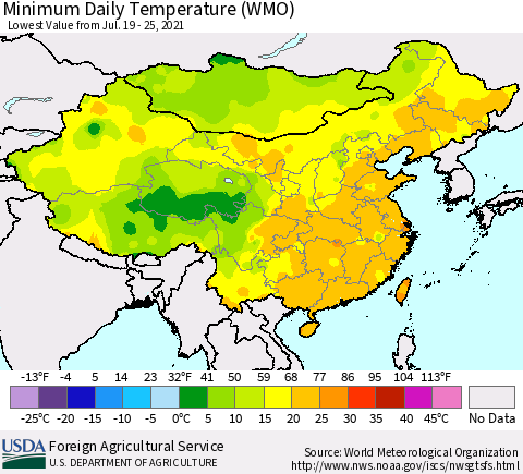 China, Mongolia and Taiwan Minimum Daily Temperature (WMO) Thematic Map For 7/19/2021 - 7/25/2021