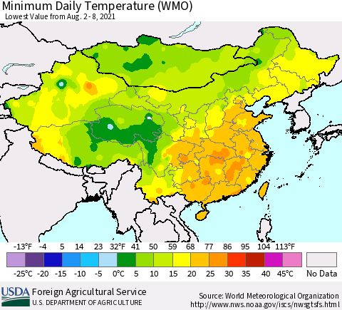 China, Mongolia and Taiwan Minimum Daily Temperature (WMO) Thematic Map For 8/2/2021 - 8/8/2021