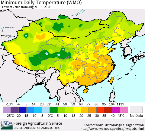 China, Mongolia and Taiwan Minimum Daily Temperature (WMO) Thematic Map For 8/9/2021 - 8/15/2021