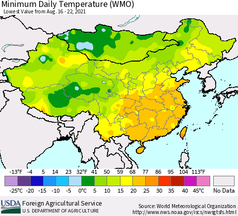 China, Mongolia and Taiwan Minimum Daily Temperature (WMO) Thematic Map For 8/16/2021 - 8/22/2021