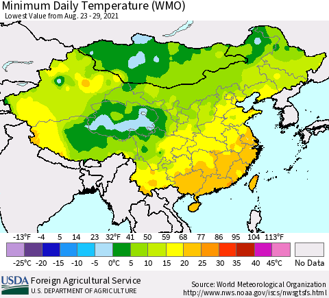China, Mongolia and Taiwan Minimum Daily Temperature (WMO) Thematic Map For 8/23/2021 - 8/29/2021