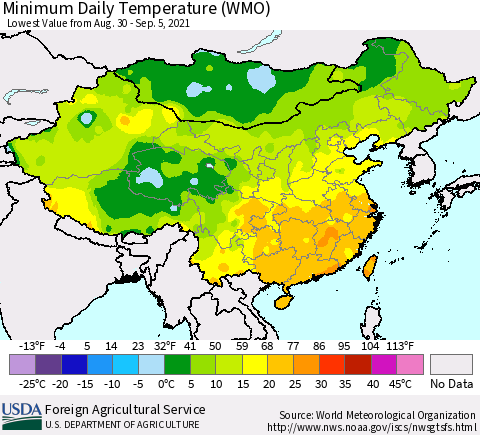 China, Mongolia and Taiwan Minimum Daily Temperature (WMO) Thematic Map For 8/30/2021 - 9/5/2021