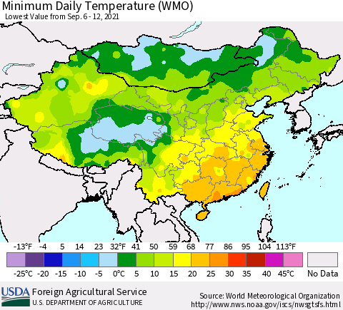 China, Mongolia and Taiwan Minimum Daily Temperature (WMO) Thematic Map For 9/6/2021 - 9/12/2021