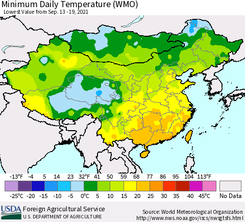 China, Mongolia and Taiwan Minimum Daily Temperature (WMO) Thematic Map For 9/13/2021 - 9/19/2021