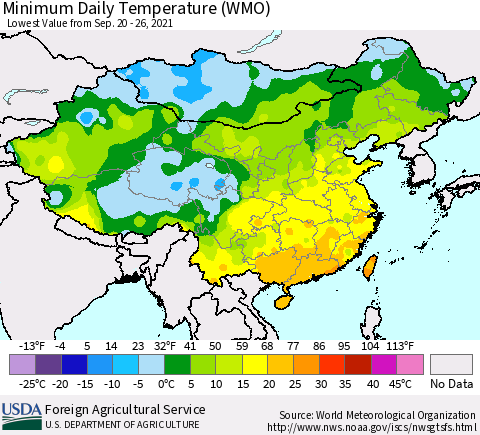 China, Mongolia and Taiwan Minimum Daily Temperature (WMO) Thematic Map For 9/20/2021 - 9/26/2021