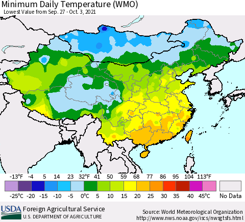 China, Mongolia and Taiwan Minimum Daily Temperature (WMO) Thematic Map For 9/27/2021 - 10/3/2021