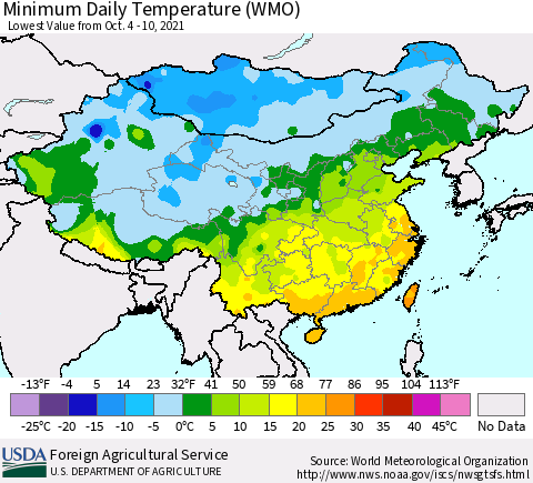 China, Mongolia and Taiwan Minimum Daily Temperature (WMO) Thematic Map For 10/4/2021 - 10/10/2021