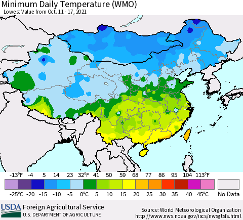 China, Mongolia and Taiwan Minimum Daily Temperature (WMO) Thematic Map For 10/11/2021 - 10/17/2021
