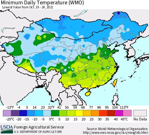 China, Mongolia and Taiwan Minimum Daily Temperature (WMO) Thematic Map For 10/18/2021 - 10/24/2021