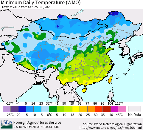 China, Mongolia and Taiwan Minimum Daily Temperature (WMO) Thematic Map For 10/25/2021 - 10/31/2021