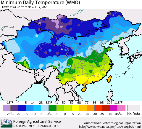 China, Mongolia and Taiwan Minimum Daily Temperature (WMO) Thematic Map For 11/1/2021 - 11/7/2021