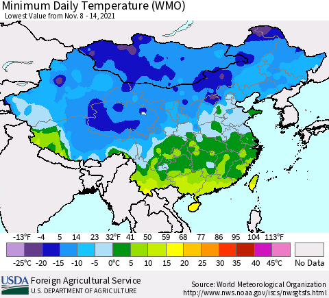 China, Mongolia and Taiwan Minimum Daily Temperature (WMO) Thematic Map For 11/8/2021 - 11/14/2021