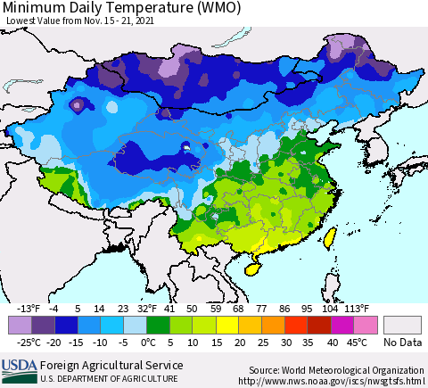 China, Mongolia and Taiwan Minimum Daily Temperature (WMO) Thematic Map For 11/15/2021 - 11/21/2021