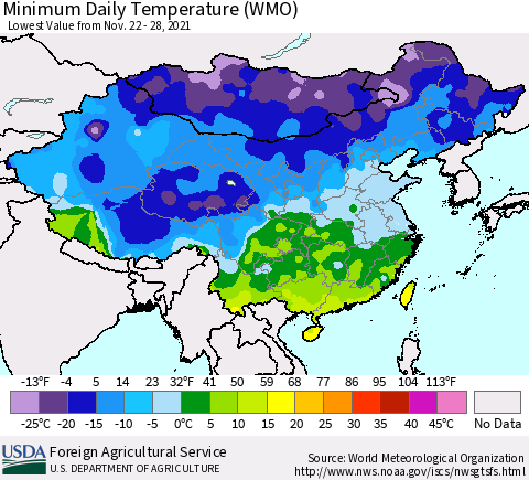 China, Mongolia and Taiwan Minimum Daily Temperature (WMO) Thematic Map For 11/22/2021 - 11/28/2021