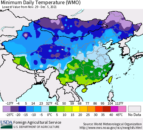 China, Mongolia and Taiwan Minimum Daily Temperature (WMO) Thematic Map For 11/29/2021 - 12/5/2021