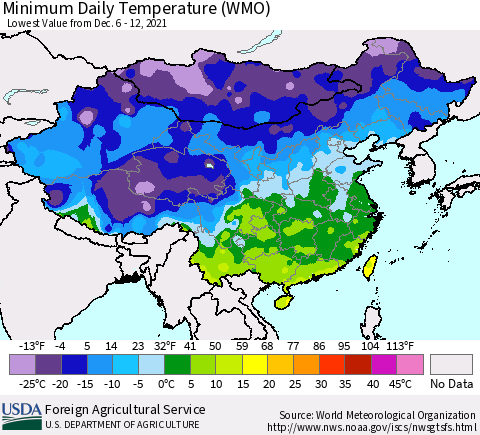 China, Mongolia and Taiwan Minimum Daily Temperature (WMO) Thematic Map For 12/6/2021 - 12/12/2021