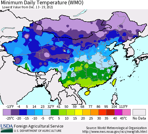 China, Mongolia and Taiwan Minimum Daily Temperature (WMO) Thematic Map For 12/13/2021 - 12/19/2021