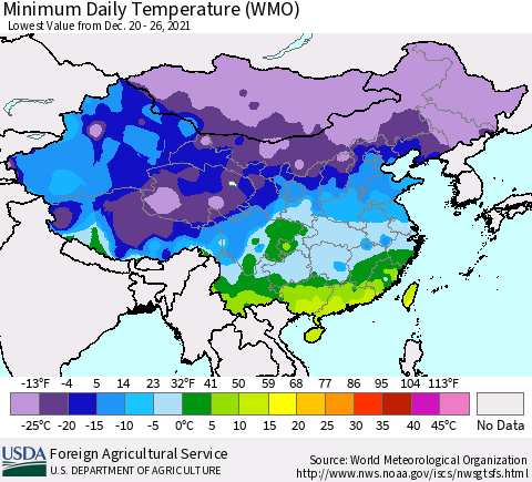 China, Mongolia and Taiwan Minimum Daily Temperature (WMO) Thematic Map For 12/20/2021 - 12/26/2021
