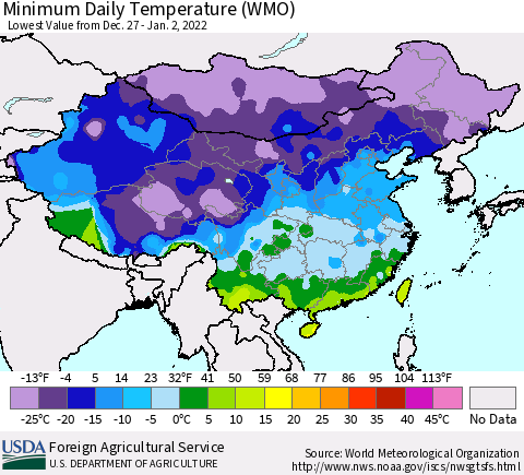 China, Mongolia and Taiwan Minimum Daily Temperature (WMO) Thematic Map For 12/27/2021 - 1/2/2022