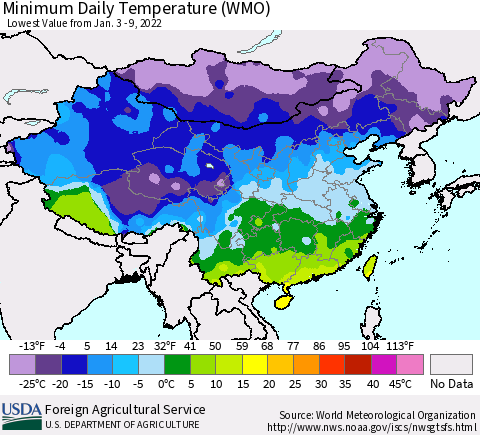 China, Mongolia and Taiwan Minimum Daily Temperature (WMO) Thematic Map For 1/3/2022 - 1/9/2022