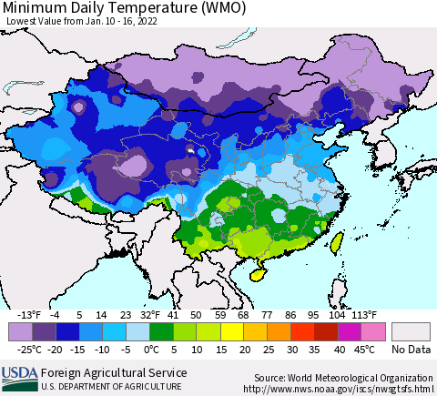 China, Mongolia and Taiwan Minimum Daily Temperature (WMO) Thematic Map For 1/10/2022 - 1/16/2022