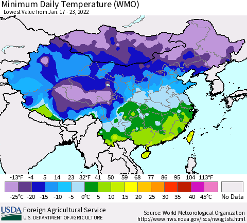 China, Mongolia and Taiwan Minimum Daily Temperature (WMO) Thematic Map For 1/17/2022 - 1/23/2022